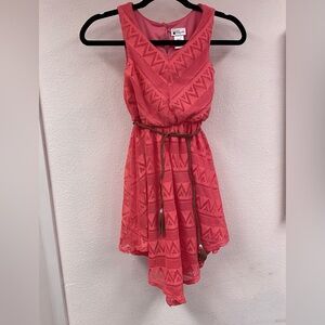 Emily West coral pink dress with lace and leather braided belt, size 8